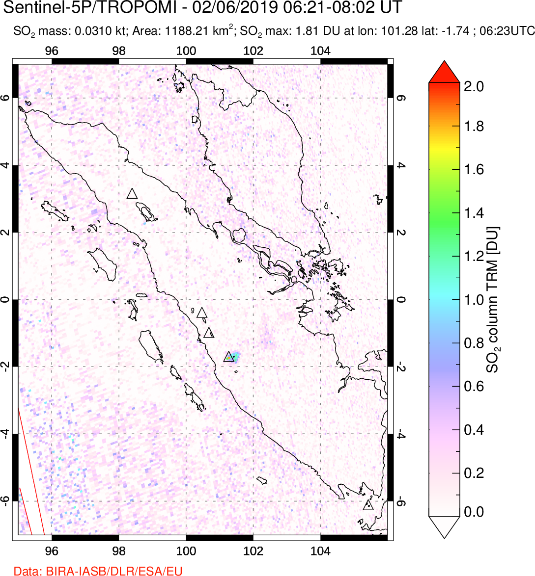 A sulfur dioxide image over Sumatra, Indonesia on Feb 06, 2019.