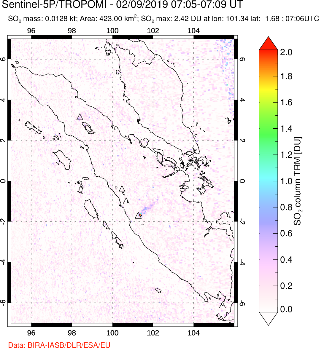 A sulfur dioxide image over Sumatra, Indonesia on Feb 09, 2019.
