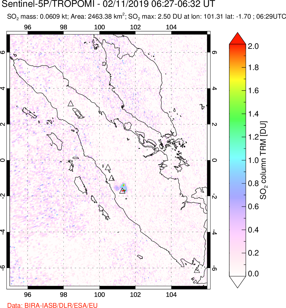 A sulfur dioxide image over Sumatra, Indonesia on Feb 11, 2019.