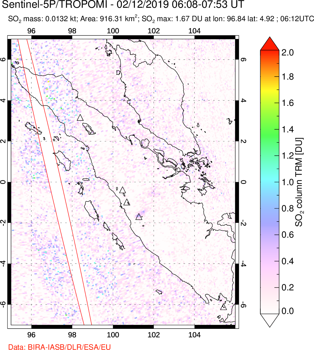 A sulfur dioxide image over Sumatra, Indonesia on Feb 12, 2019.