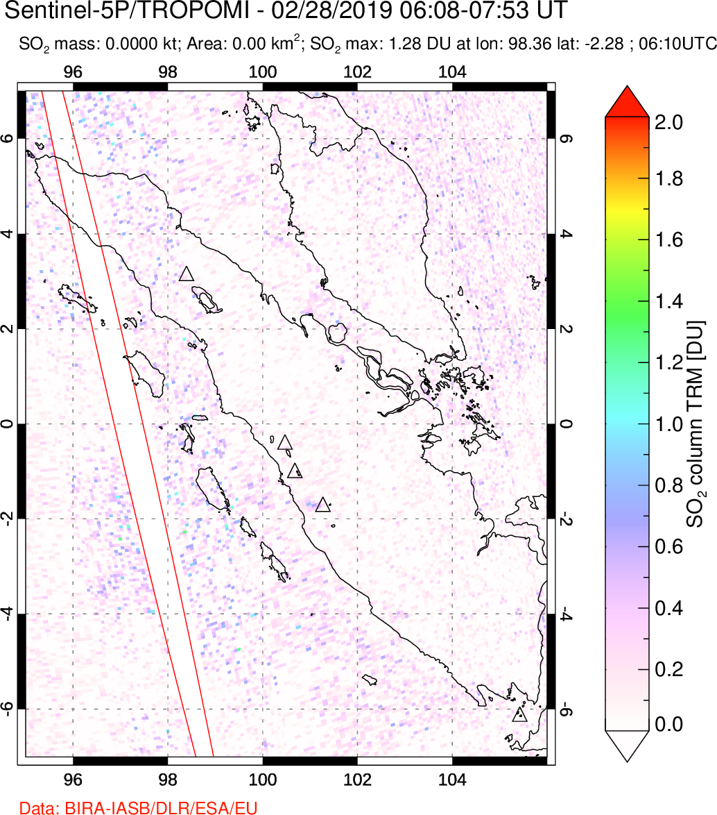 A sulfur dioxide image over Sumatra, Indonesia on Feb 28, 2019.