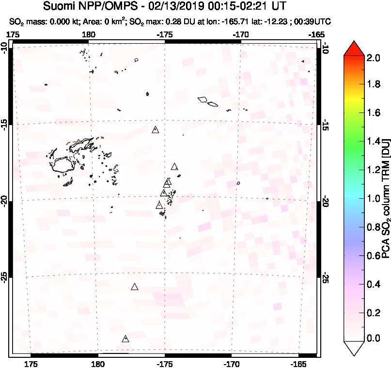 A sulfur dioxide image over Tonga, South Pacific on Feb 13, 2019.