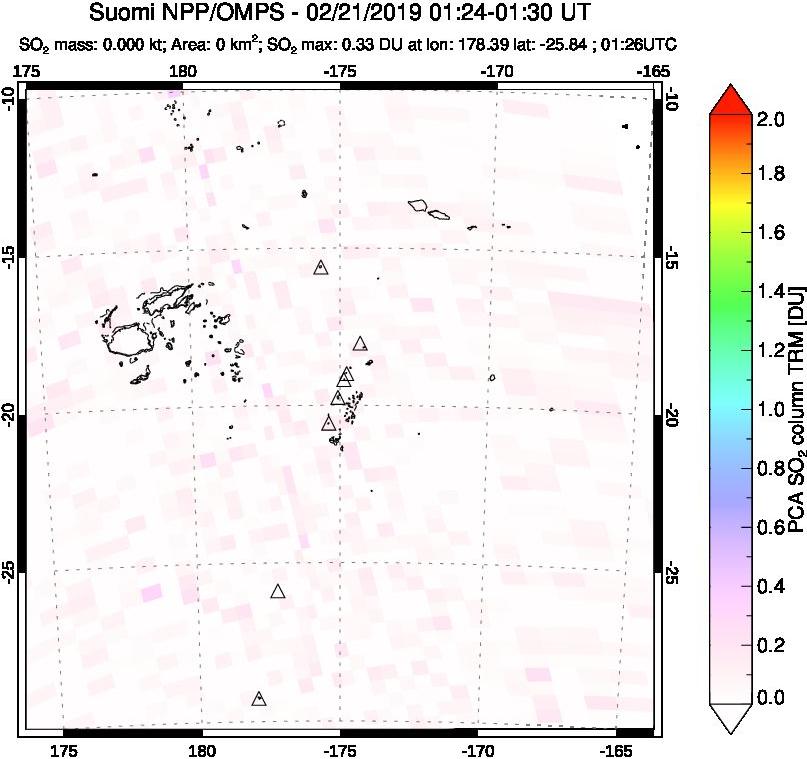 A sulfur dioxide image over Tonga, South Pacific on Feb 21, 2019.