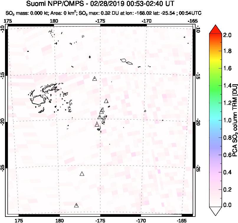 A sulfur dioxide image over Tonga, South Pacific on Feb 28, 2019.