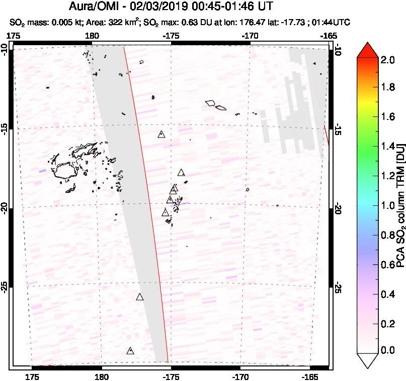 A sulfur dioxide image over Tonga, South Pacific on Feb 03, 2019.