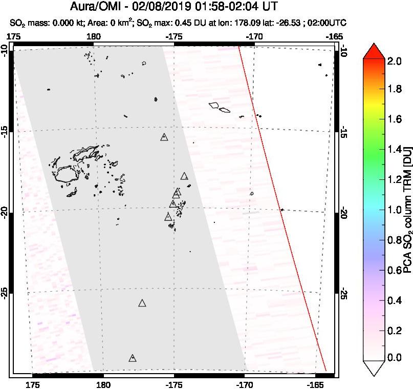 A sulfur dioxide image over Tonga, South Pacific on Feb 08, 2019.
