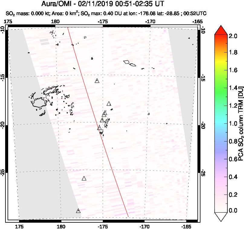 A sulfur dioxide image over Tonga, South Pacific on Feb 11, 2019.