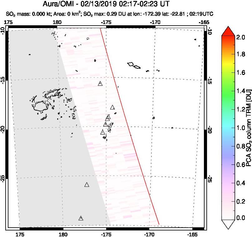 A sulfur dioxide image over Tonga, South Pacific on Feb 13, 2019.
