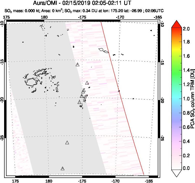 A sulfur dioxide image over Tonga, South Pacific on Feb 15, 2019.