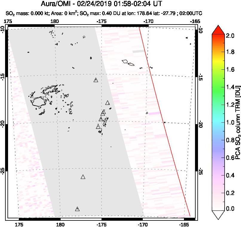 A sulfur dioxide image over Tonga, South Pacific on Feb 24, 2019.