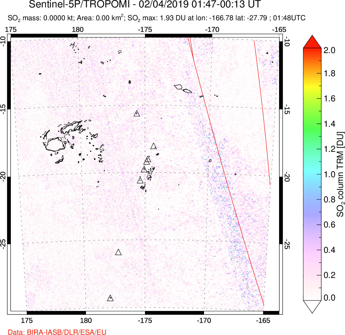 A sulfur dioxide image over Tonga, South Pacific on Feb 04, 2019.