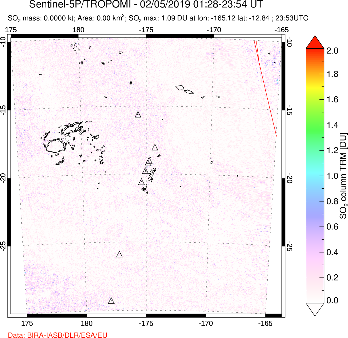 A sulfur dioxide image over Tonga, South Pacific on Feb 05, 2019.