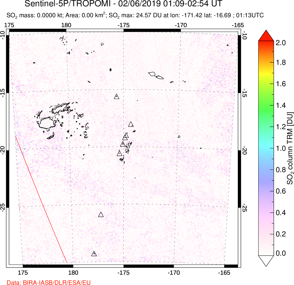A sulfur dioxide image over Tonga, South Pacific on Feb 06, 2019.