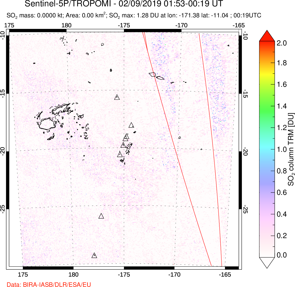 A sulfur dioxide image over Tonga, South Pacific on Feb 09, 2019.
