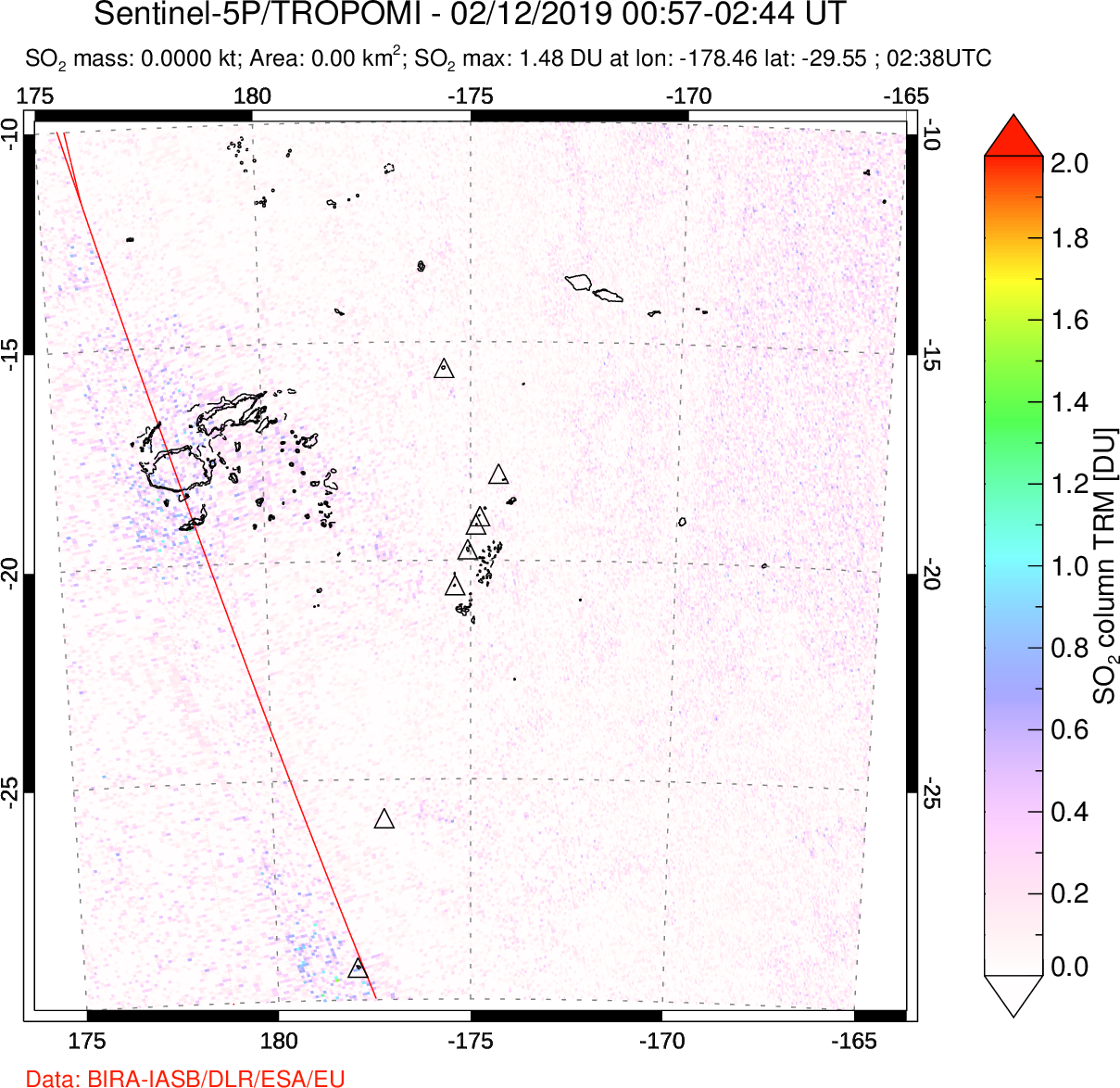 A sulfur dioxide image over Tonga, South Pacific on Feb 12, 2019.