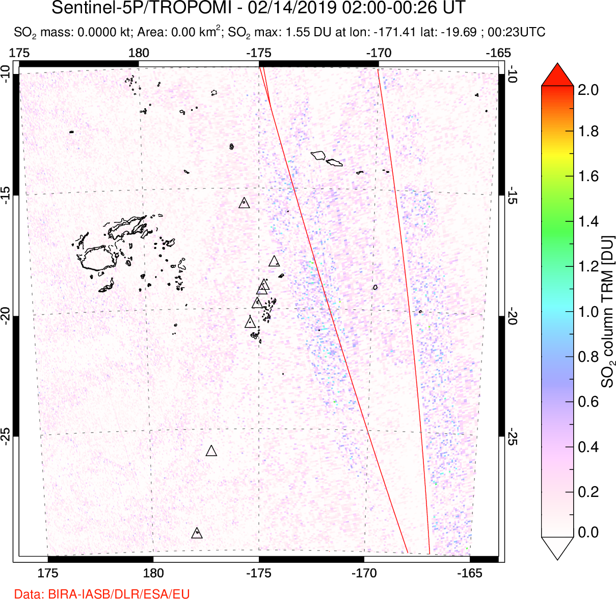 A sulfur dioxide image over Tonga, South Pacific on Feb 14, 2019.