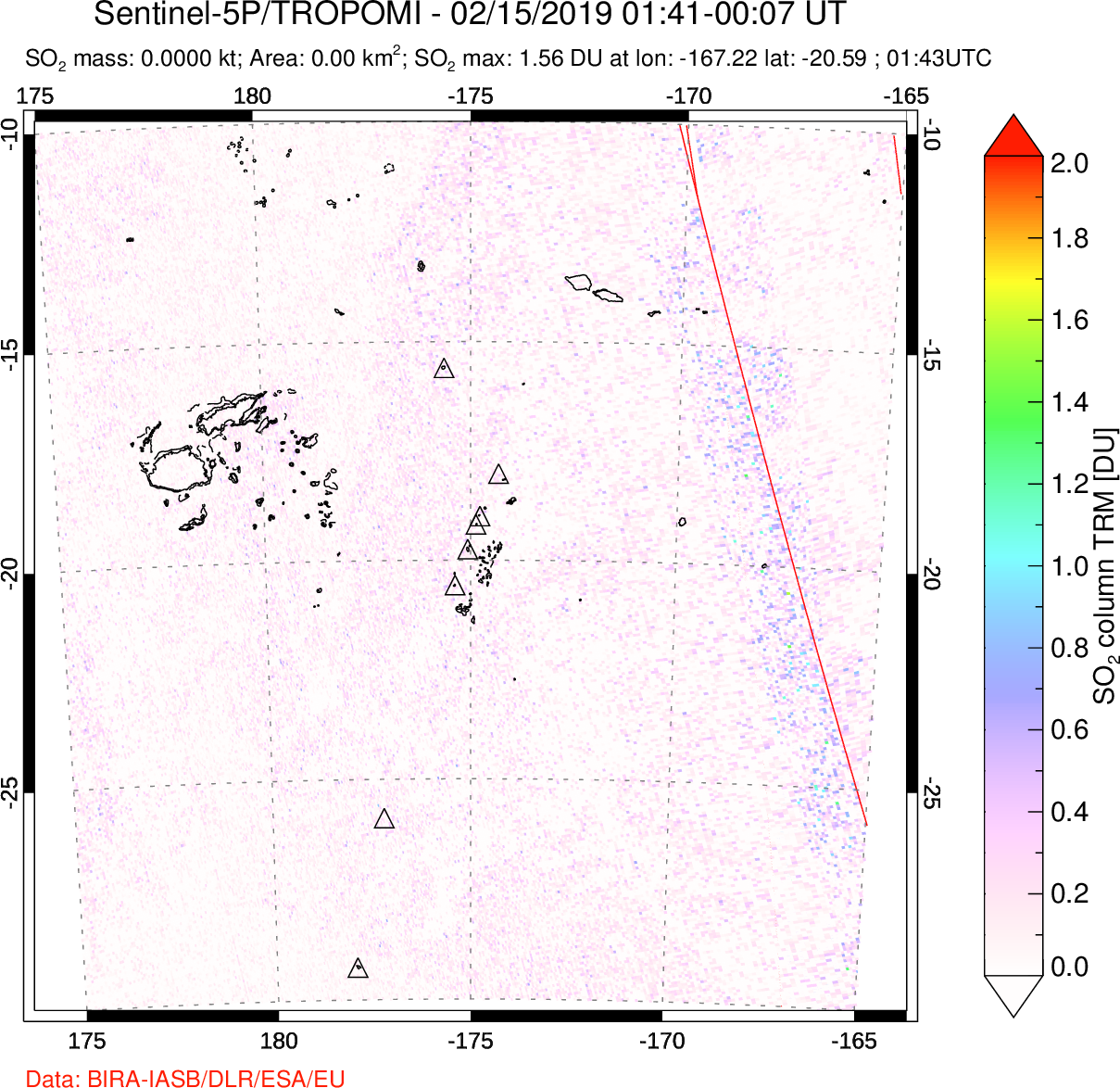 A sulfur dioxide image over Tonga, South Pacific on Feb 15, 2019.