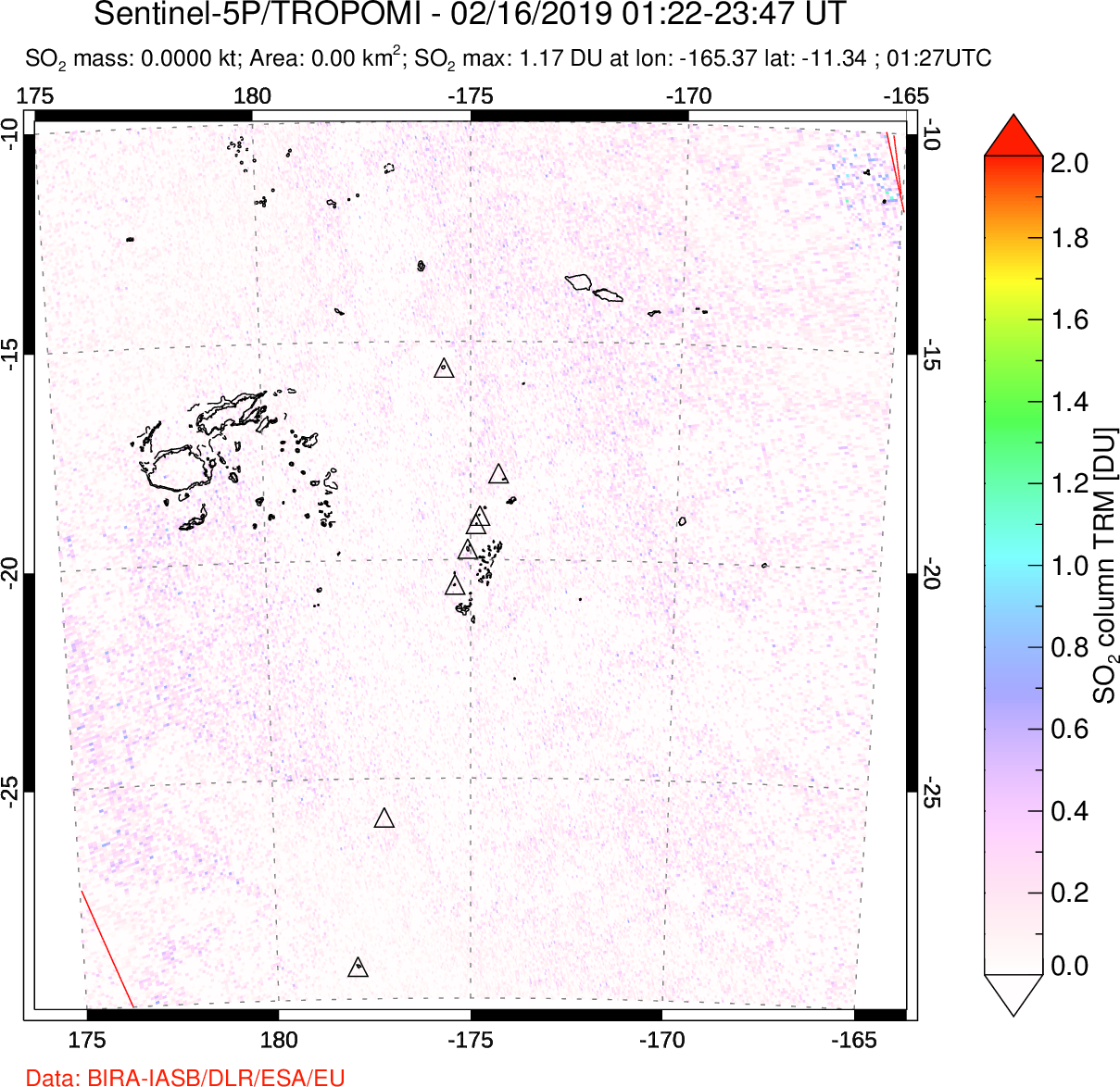 A sulfur dioxide image over Tonga, South Pacific on Feb 16, 2019.