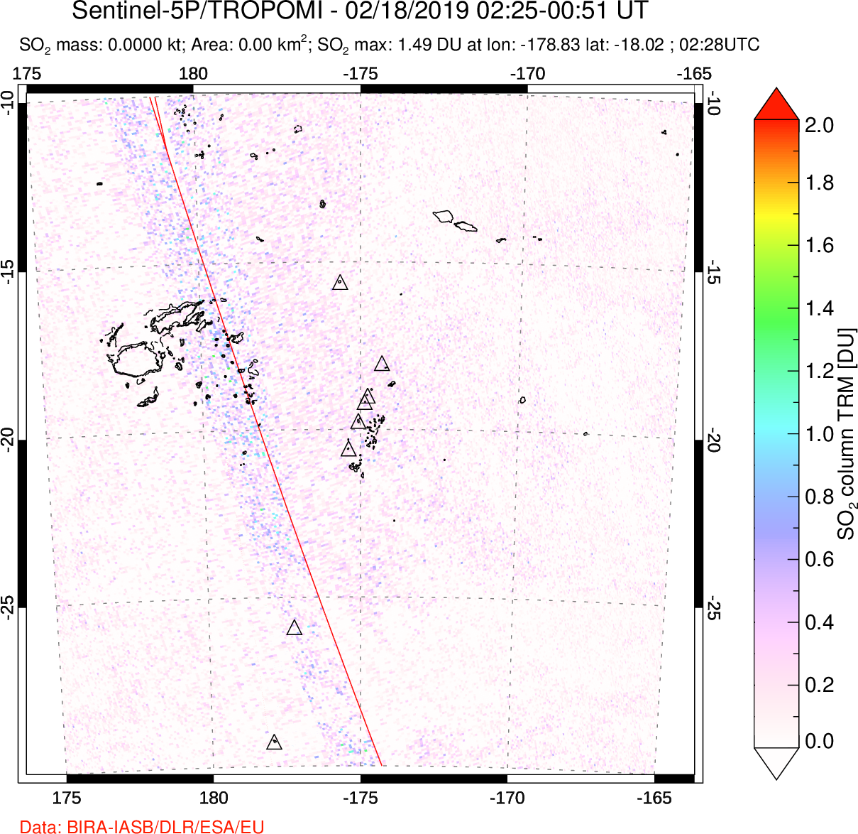 A sulfur dioxide image over Tonga, South Pacific on Feb 18, 2019.