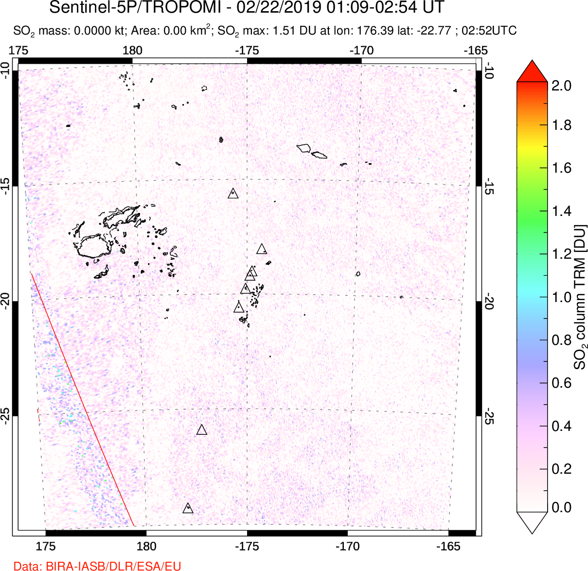 A sulfur dioxide image over Tonga, South Pacific on Feb 22, 2019.