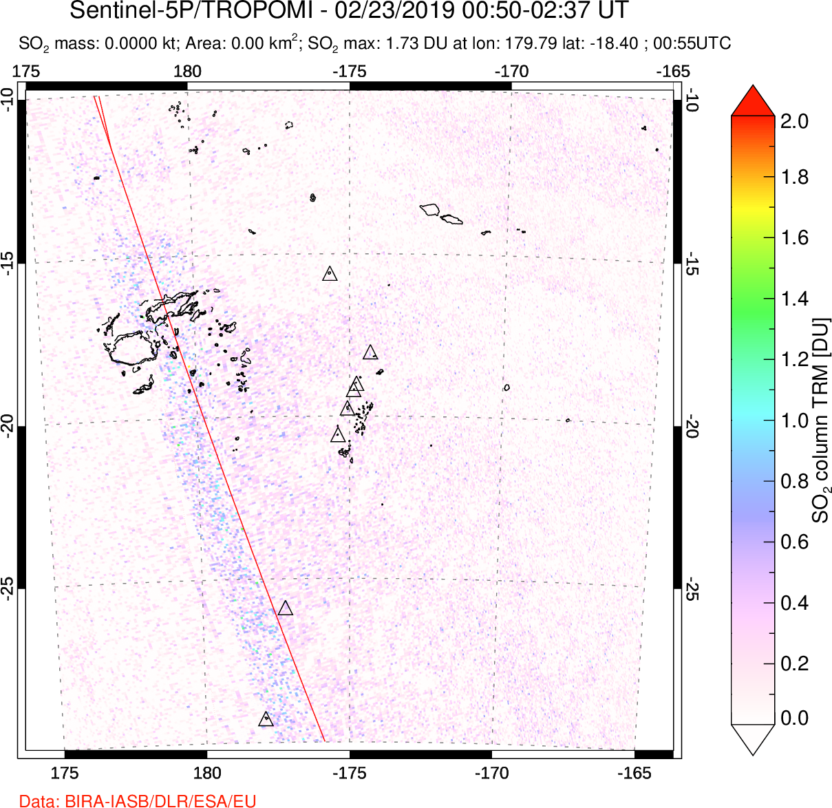A sulfur dioxide image over Tonga, South Pacific on Feb 23, 2019.