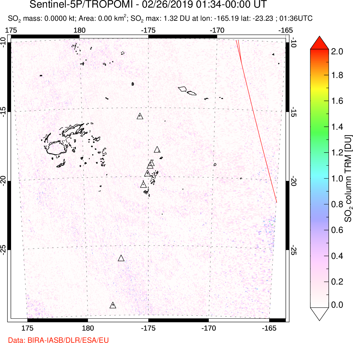 A sulfur dioxide image over Tonga, South Pacific on Feb 26, 2019.