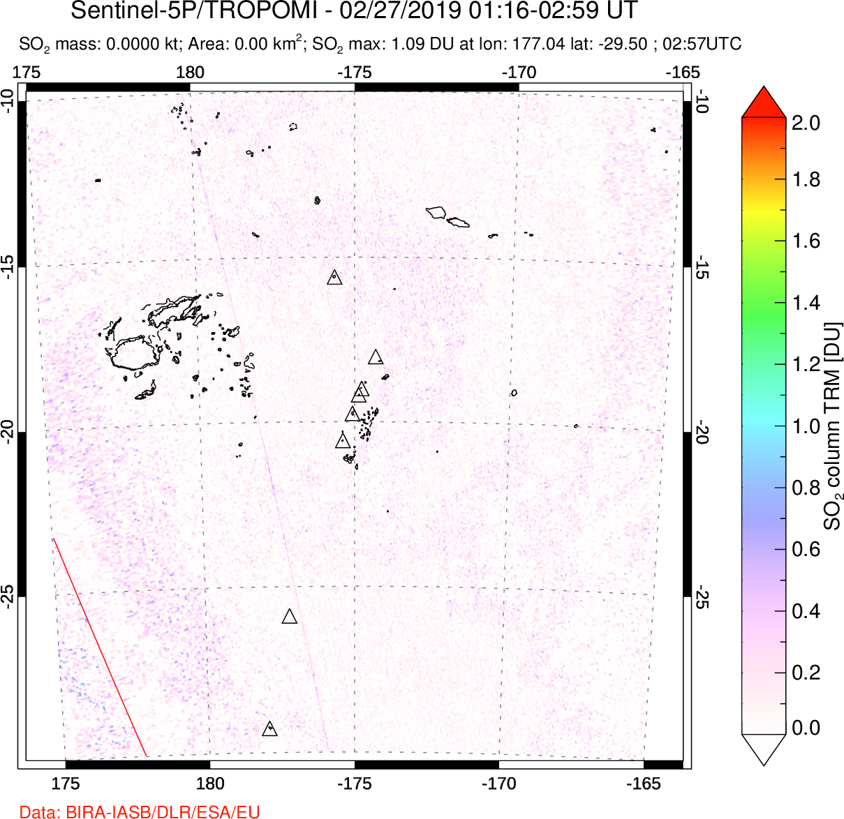 A sulfur dioxide image over Tonga, South Pacific on Feb 27, 2019.