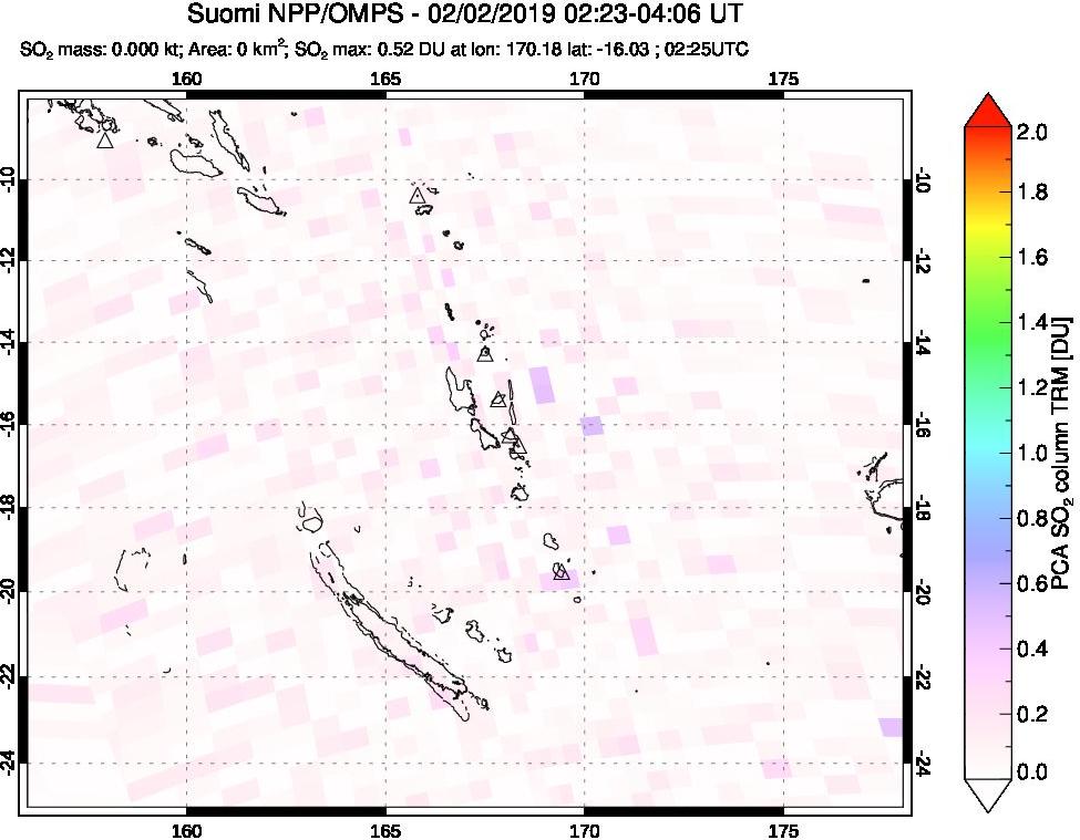A sulfur dioxide image over Vanuatu, South Pacific on Feb 02, 2019.