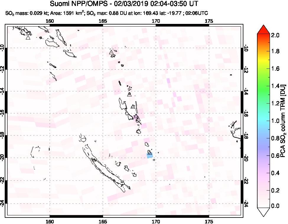 A sulfur dioxide image over Vanuatu, South Pacific on Feb 03, 2019.