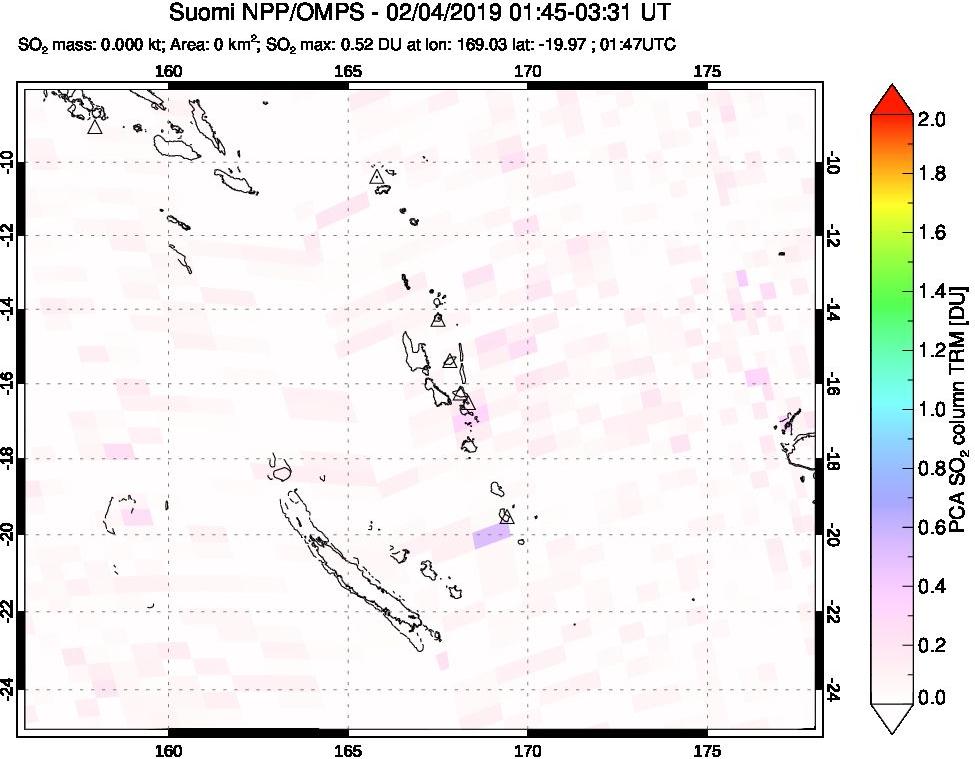 A sulfur dioxide image over Vanuatu, South Pacific on Feb 04, 2019.