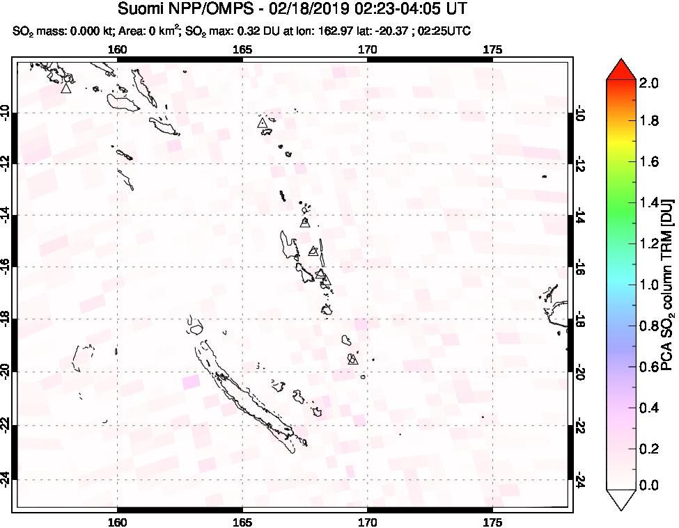 A sulfur dioxide image over Vanuatu, South Pacific on Feb 18, 2019.