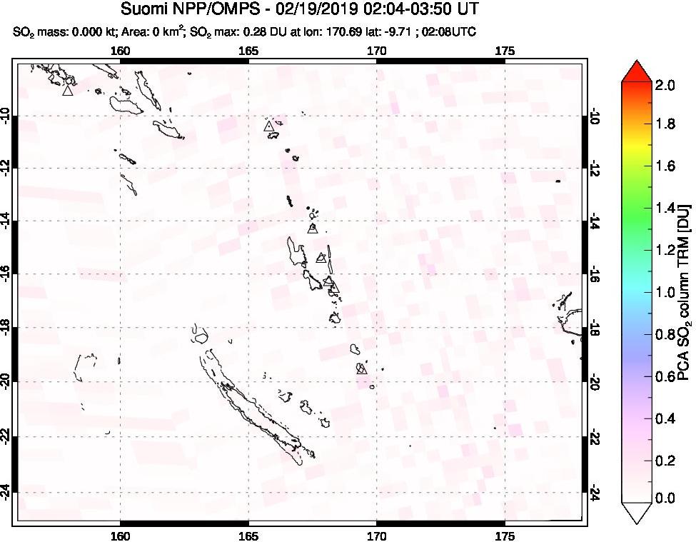 A sulfur dioxide image over Vanuatu, South Pacific on Feb 19, 2019.
