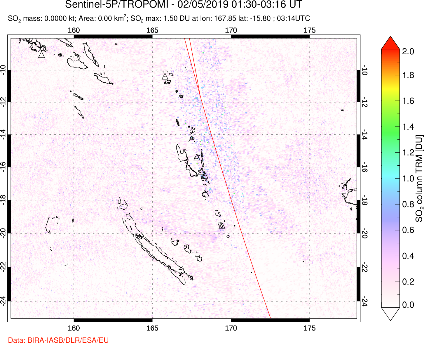 A sulfur dioxide image over Vanuatu, South Pacific on Feb 05, 2019.