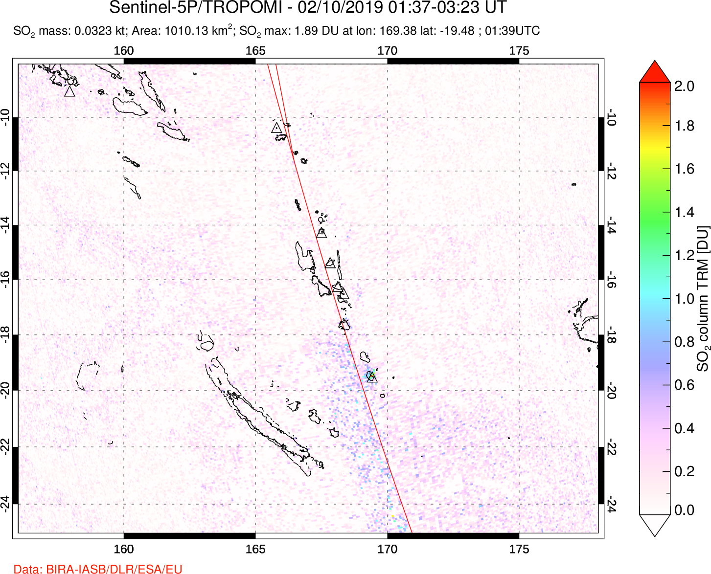 A sulfur dioxide image over Vanuatu, South Pacific on Feb 10, 2019.