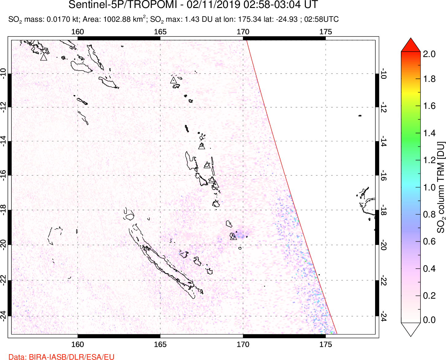A sulfur dioxide image over Vanuatu, South Pacific on Feb 11, 2019.