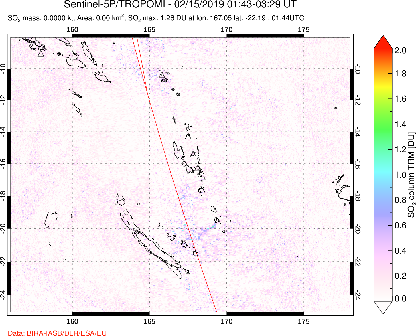 A sulfur dioxide image over Vanuatu, South Pacific on Feb 15, 2019.