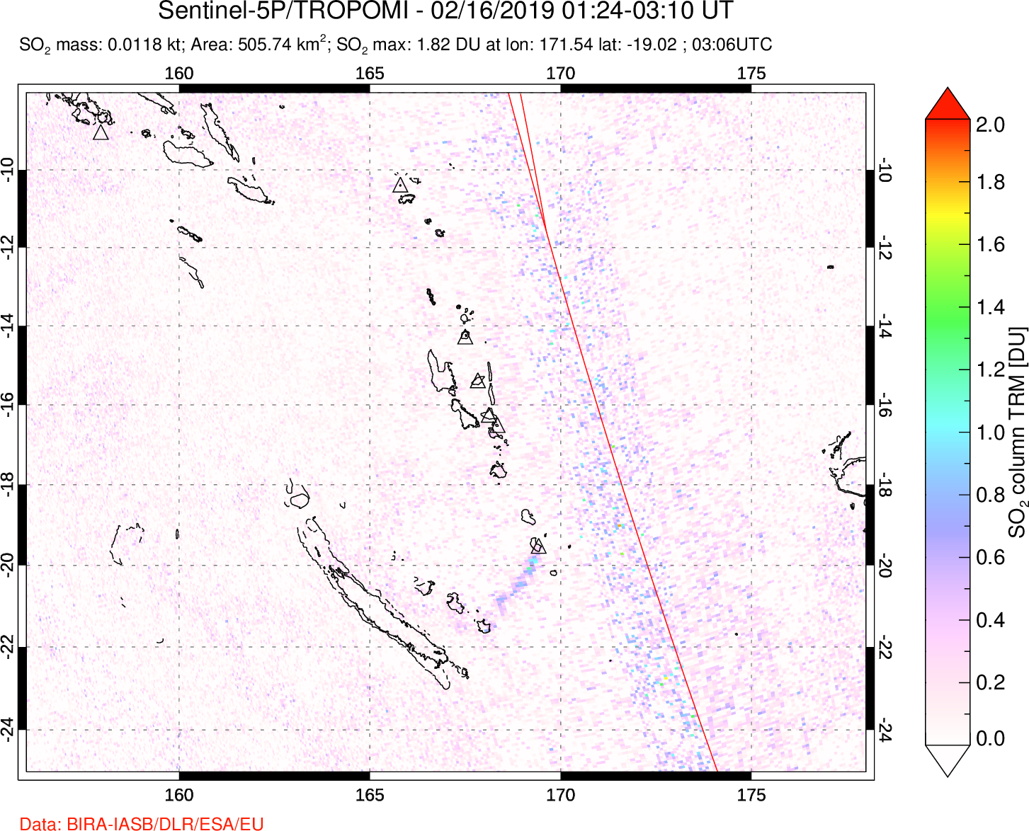 A sulfur dioxide image over Vanuatu, South Pacific on Feb 16, 2019.