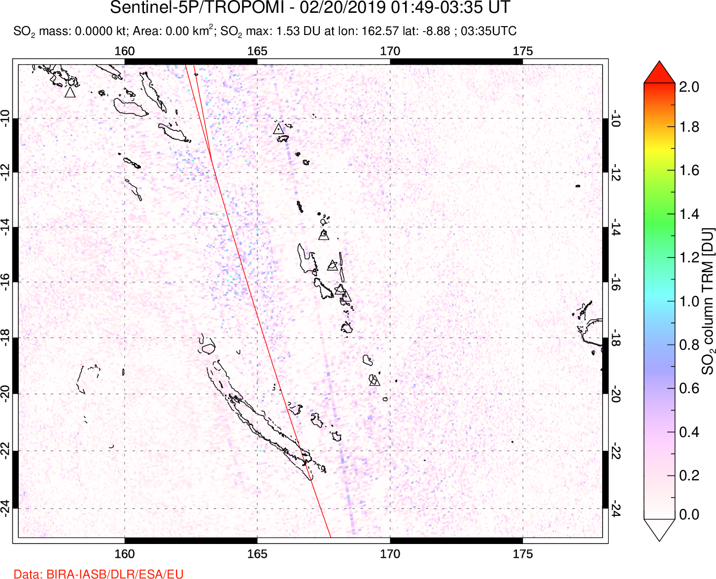 A sulfur dioxide image over Vanuatu, South Pacific on Feb 20, 2019.