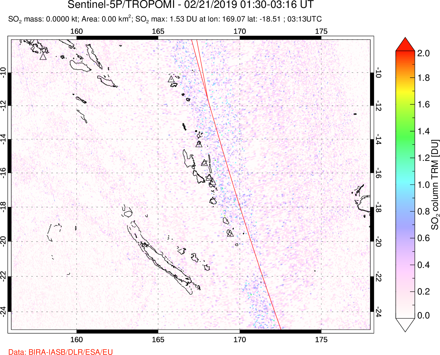 A sulfur dioxide image over Vanuatu, South Pacific on Feb 21, 2019.