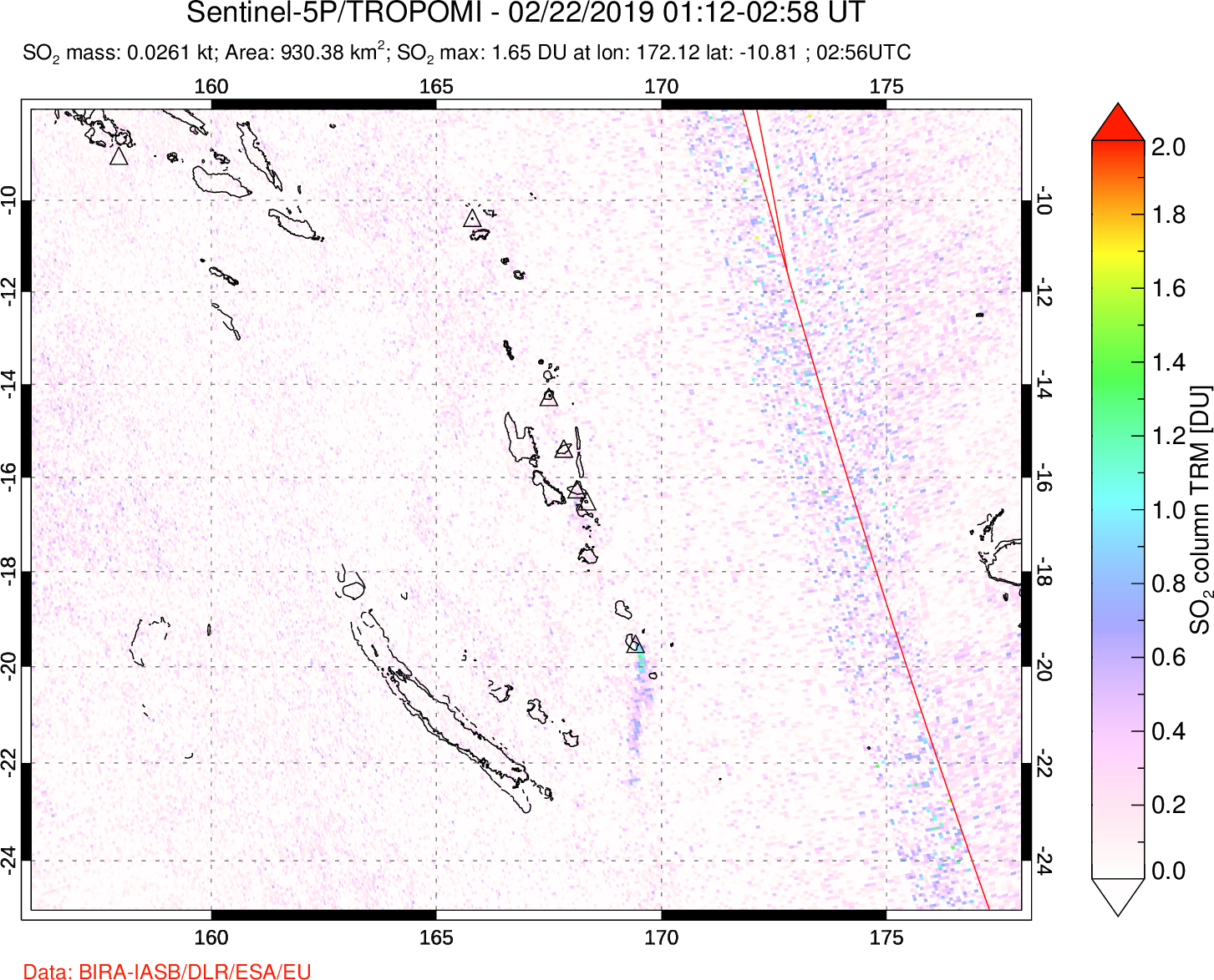 A sulfur dioxide image over Vanuatu, South Pacific on Feb 22, 2019.