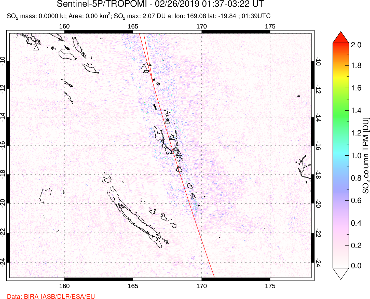 A sulfur dioxide image over Vanuatu, South Pacific on Feb 26, 2019.