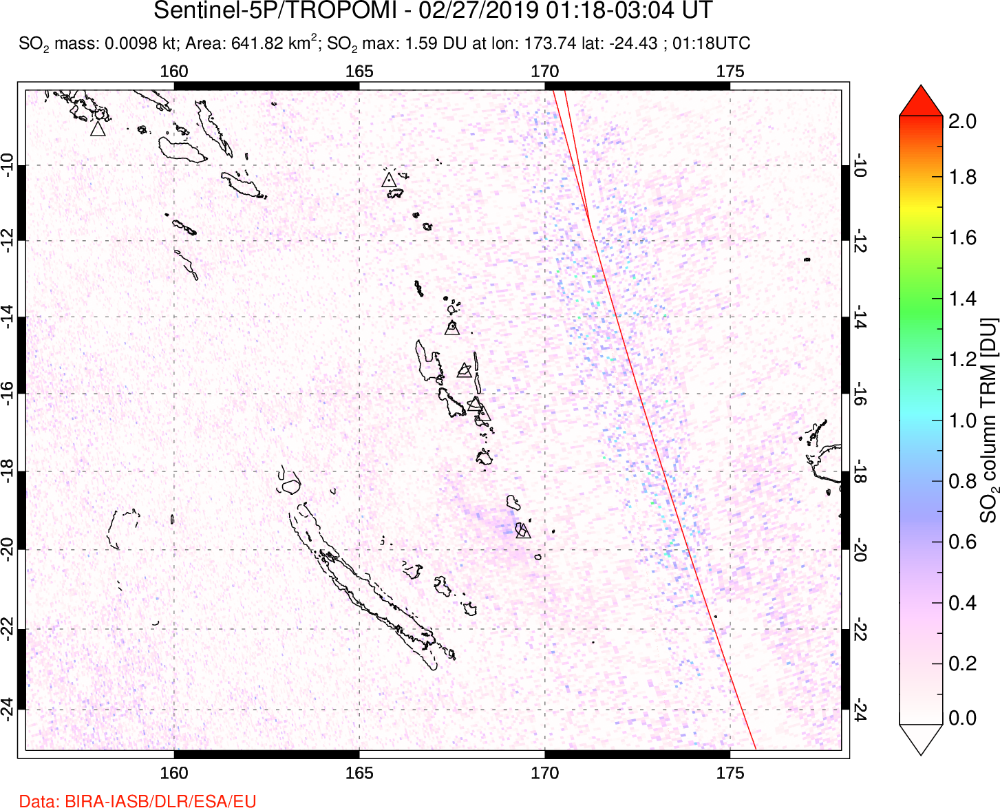 A sulfur dioxide image over Vanuatu, South Pacific on Feb 27, 2019.