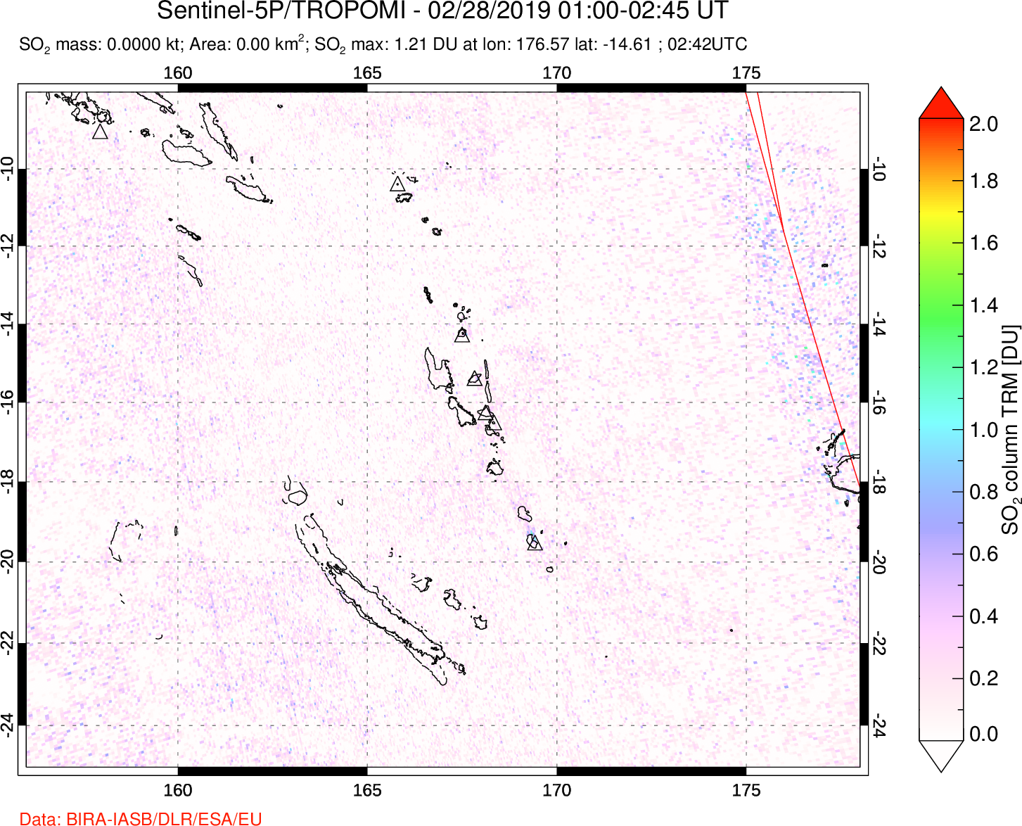 A sulfur dioxide image over Vanuatu, South Pacific on Feb 28, 2019.