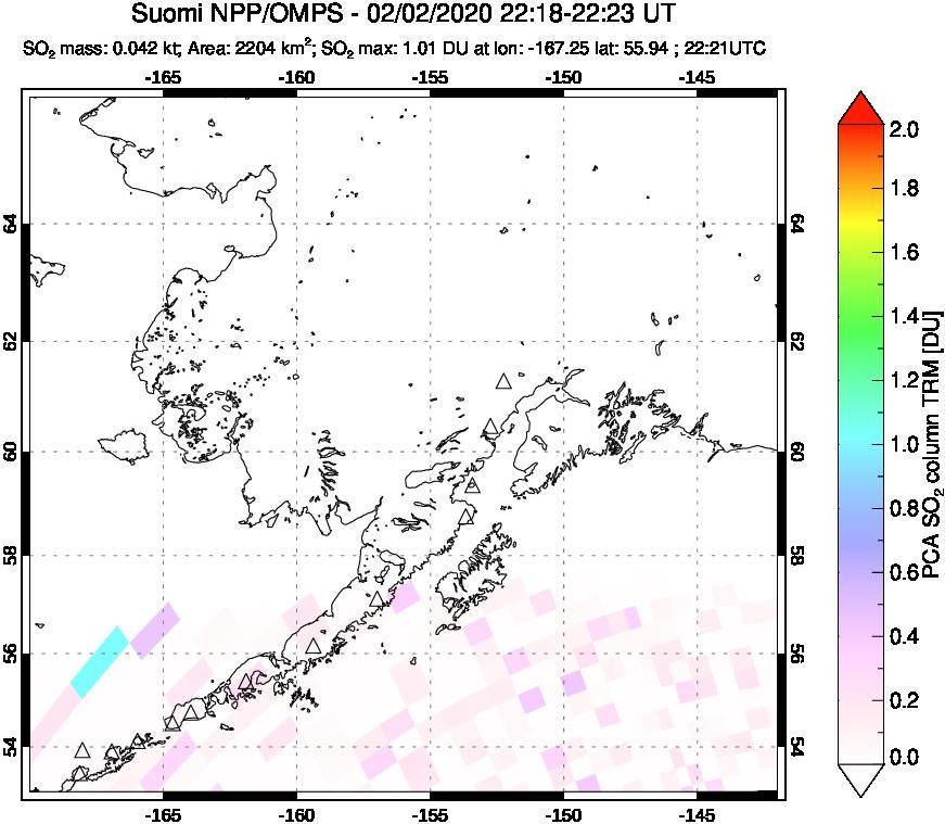 A sulfur dioxide image over Alaska, USA on Feb 02, 2020.