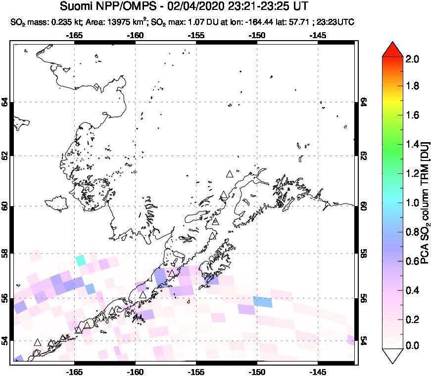 A sulfur dioxide image over Alaska, USA on Feb 04, 2020.
