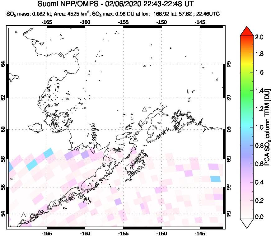 A sulfur dioxide image over Alaska, USA on Feb 06, 2020.