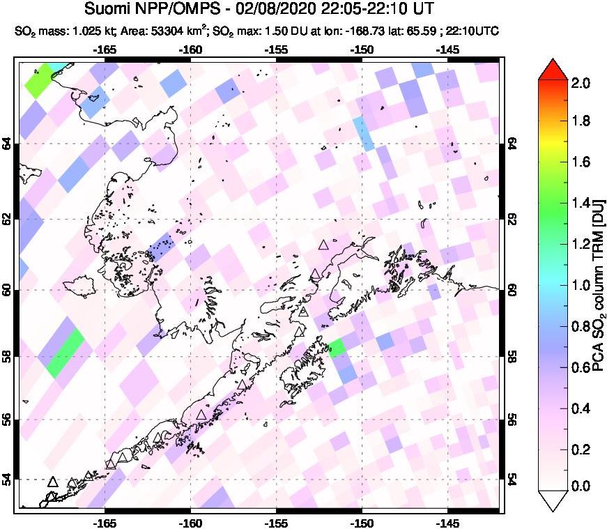 A sulfur dioxide image over Alaska, USA on Feb 08, 2020.