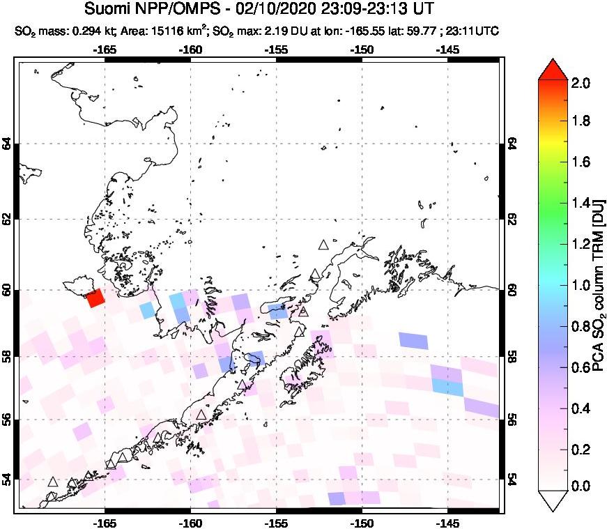 A sulfur dioxide image over Alaska, USA on Feb 10, 2020.