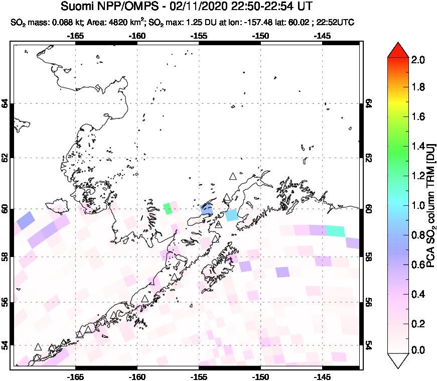 A sulfur dioxide image over Alaska, USA on Feb 11, 2020.