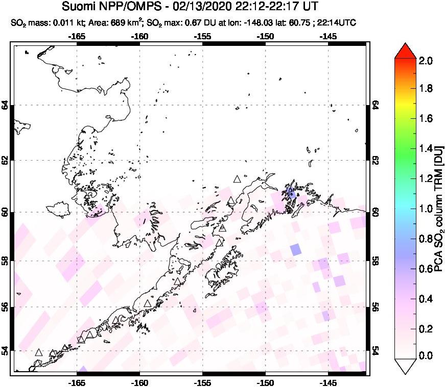 A sulfur dioxide image over Alaska, USA on Feb 13, 2020.